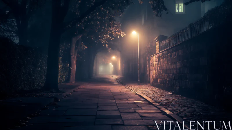 Foggy city street glows under lonely lamps at midnight