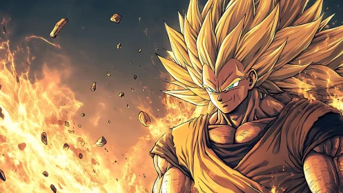 Male warrior with spiked hair amid flames and debris.