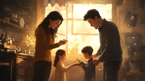 Warm backlit family scene with soft volumetric interior lighting