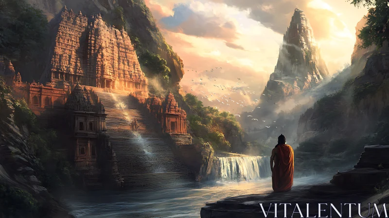 Monk gazes toward a sunlit temple in misty valley sanctuary.