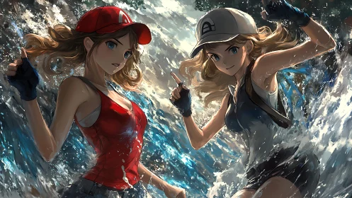 Twin trainers carve bright tidal paths through storm-slashed surf