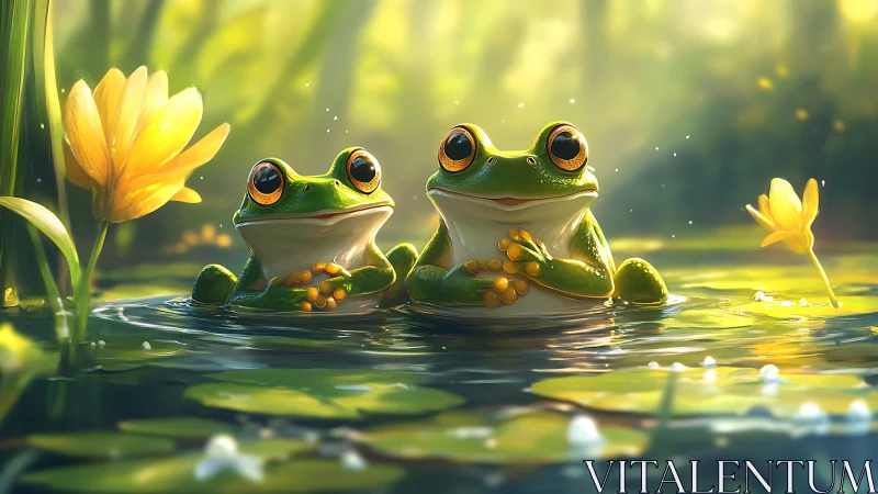 Digital painting of two frogs in sunlit lily pond idyll.