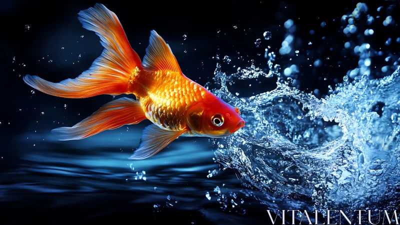 Vibrant goldfish leaps through blue water splash at night