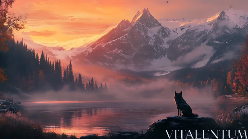 Solitary wolf surveying alpenglow-lit alpine lake basin.