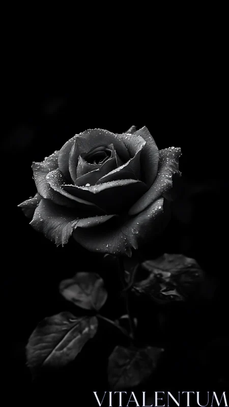 Single monochrome rose with water droplets occupies dark frame