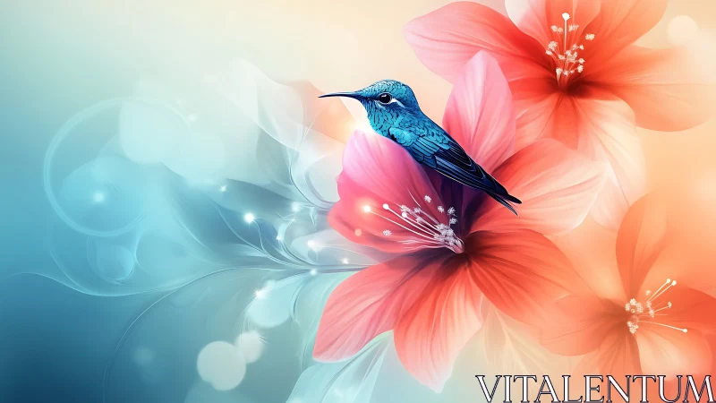 Blue bird on stylized red flowers in soft gradient field.