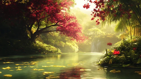 Sunlit river sanctuary under a crimson blossom canopy.