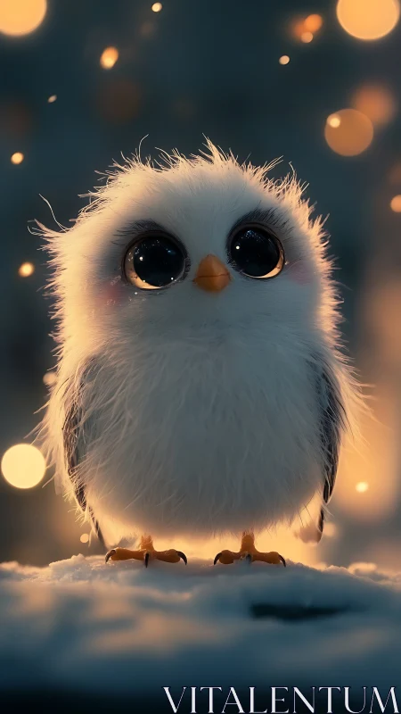 Digital render shows stylized white bird standing on snow