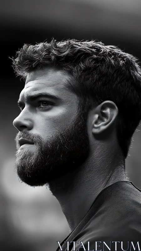 Brooding bearded profile carved from quiet grayscale light.