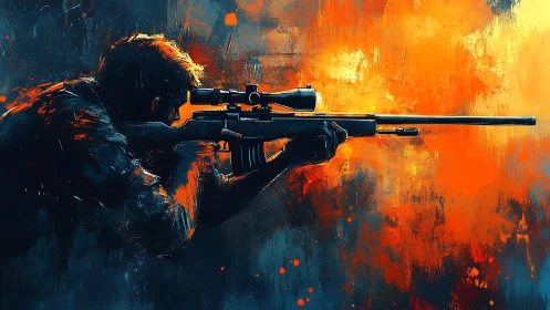 Sniper in tactical position with rifle aimed during intense fire