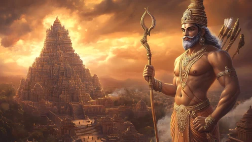 Sun-forged guardian god watches over a golden mythic temple.