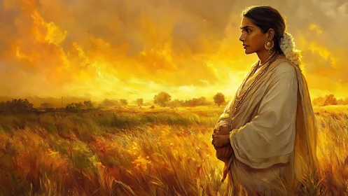 Sunlit village muse standing quiet in golden harvest fields.