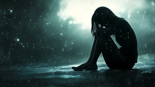 Silhouetted figure in rain with cinematic backlit composition.