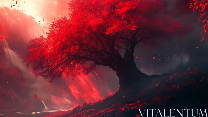 Scarlet fantasy tree glows against misty cliffs at dawn