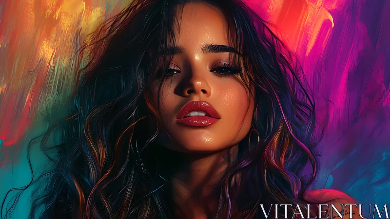 Sensual digital portrait glows against neon abstract backdrop