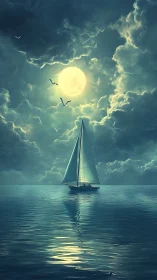 Moonlit sailboat drifting beneath luminous storm clouds.