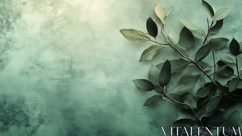 Green leaves extend across a textured turquoise surface