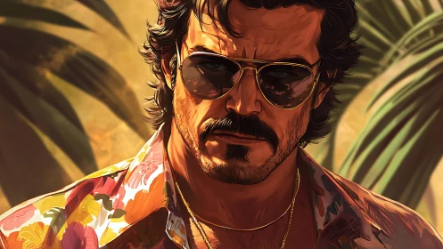 Sunlit tough guy in retro shades and bold tropical shirt.