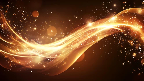 Glowing Golden Light Trail Abstract with Sparkling Particle Effects.