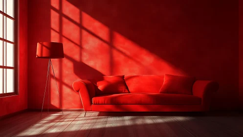 Monochrome red lounge with directional window light and shadows