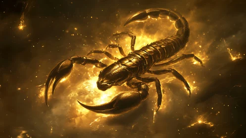 Golden scorpion in luminous cosmic dust field.