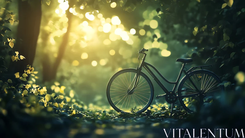 Bicycle Resting in Golden Forest Sunlight Among Blooming Flowers.