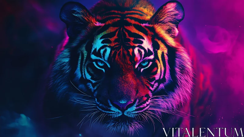 Neon lit tiger portrait in intense purple and blue haze.