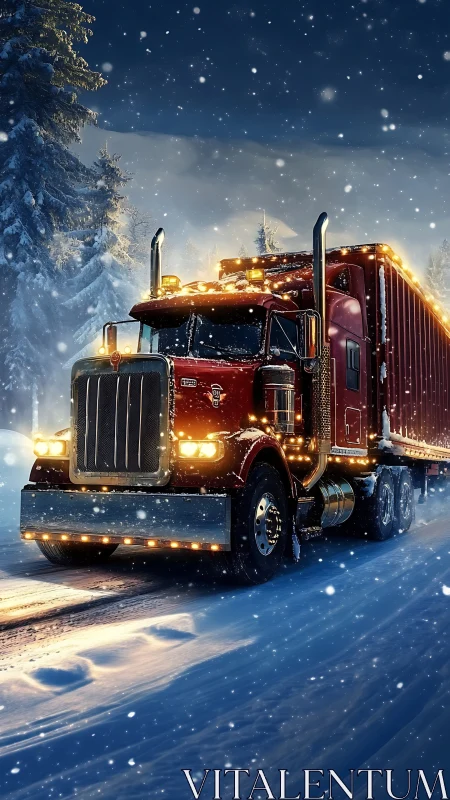 Illuminated red semi truck hauls container trailer through snowy forest night