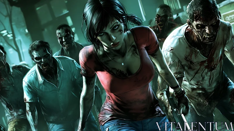 Woman with pistol pushes through bloodied zombie horde