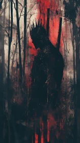 Shadowed forest king emerging from a storm of crimson light.