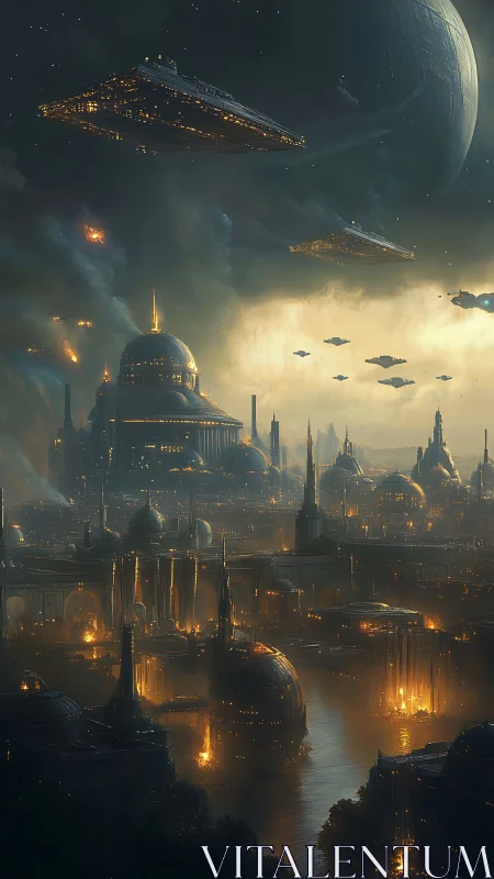 Epic orbital fleet above neo-byzantine megacity at twilight