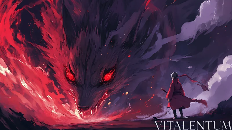 Swordsman confronts colossal flaming fox spirit in storm
