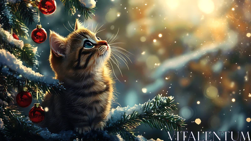 Digital painting of kitten in luminous snowy holiday bokeh field.
