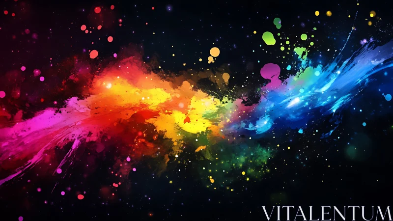 High-saturation nebula of multicolor paint splashes on black