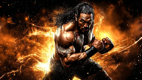 Molten fury fighter exploding from a storm of sparks.