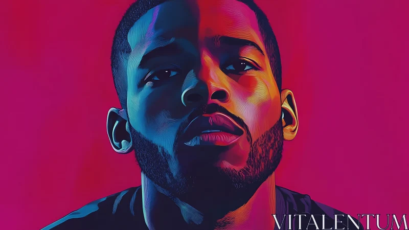 Digital painting portrait with neon duotone lighting treatment.