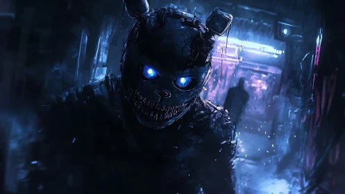 Cybernetic horror rabbit stalks victim in neon alleyway