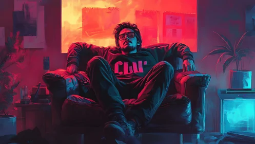 Seated man in armchair under contrasting red and blue lighting