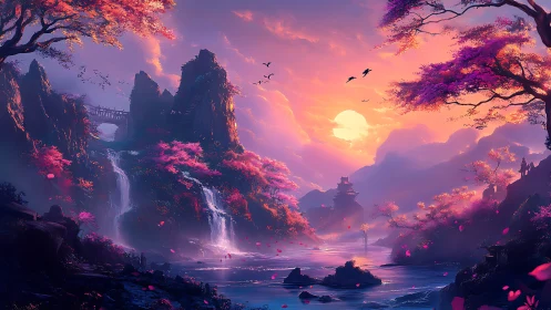 Sunlit fantasy valley with waterfalls and sakura groves