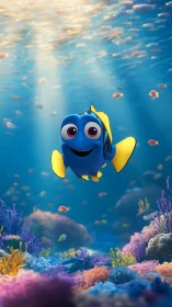 Stylized blue reef fish amid sunlit coral seabed environment