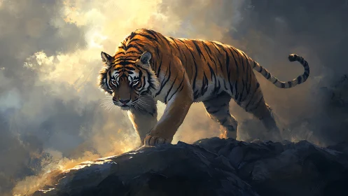 Tiger walks across rocky ridge under diffused golden light.