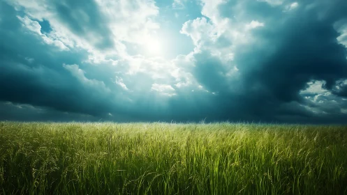 Sunlit grass field under dense storm cloud formation.