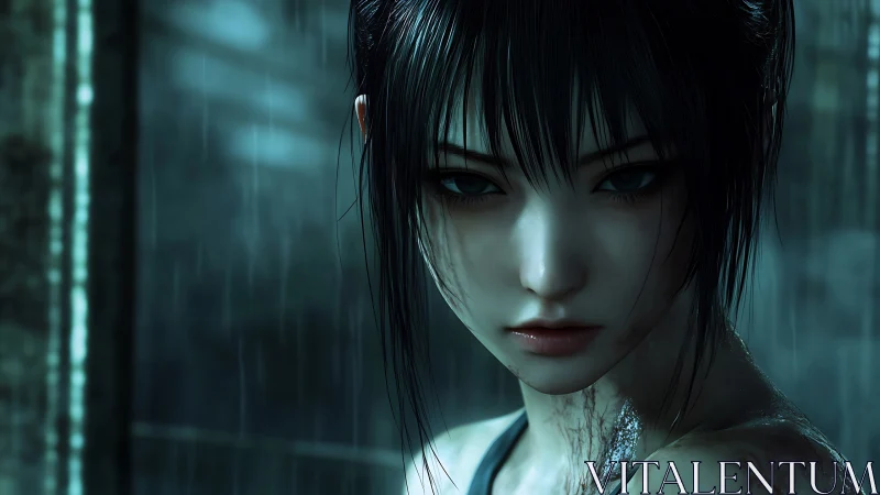 Cinematic cyberpunk portrait in rain-soaked close-up profile.