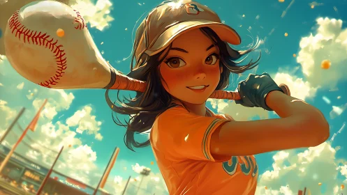 Sunlit anime slugger in dynamic stadium close-up swing.