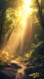 Sunlit forest waterfall with narrow rocky stream corridor.