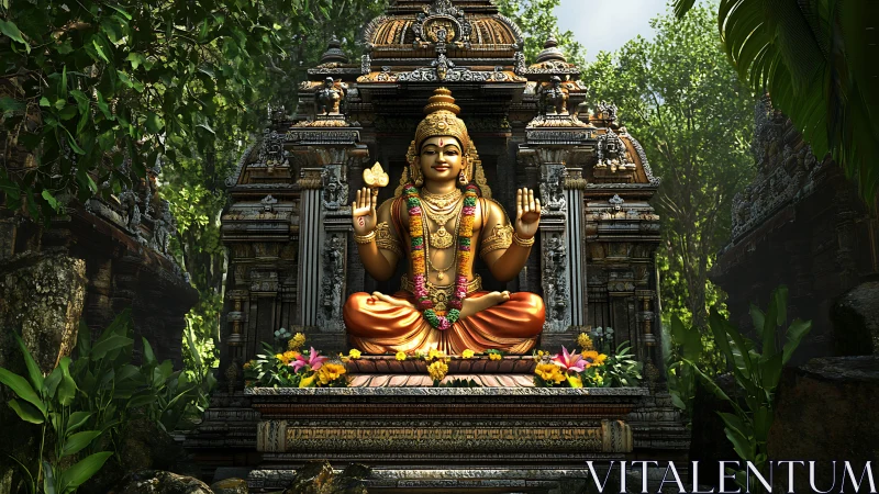Golden deity statue seated in ornate jungle shrine.