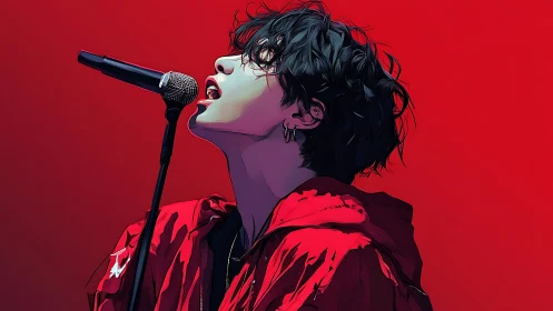 Vocalist in crimson jacket under saturated red gradient backdrop.