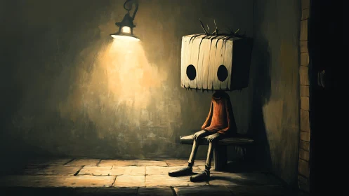 Box-headed figure seated alone under a dim hanging lamp.