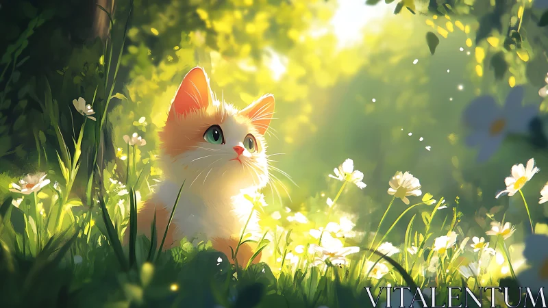 Orange Cat Explores Sunlit Garden Among White Daisies