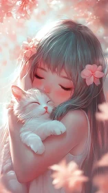 Tender anime girl hugging fluffy white cat in blossom light.